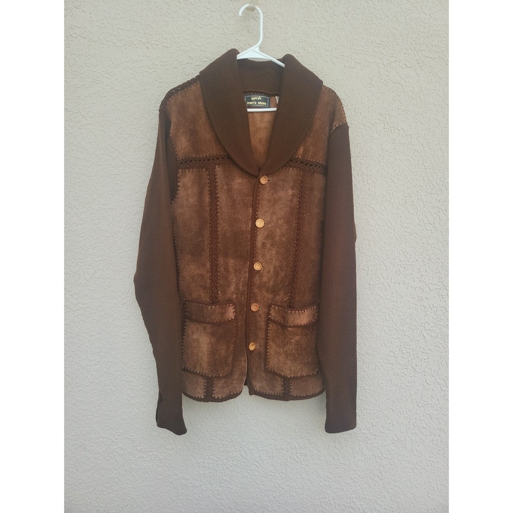Vintage Men's Macy's Genuine Cowhide Split Leather Knitted Coat Sz Large